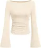 Camiseta Sexy de Color Puro con Escote Barco y Mangas de Campana para Mujer, Estilo Europeo y Americano, Otoño 2025, Corte Ajustado, Fruncido para un Aspecto Adelgazante, Manga Larga