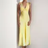 Vestido Formal Longo de Festa/Encontro Europeu e Americano Transfronteiriço para Mulheres, Cor Sólida, Decote V, Cintura Torcida