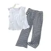 Conjunto de Niña de Moda Estilo Coreano: Conjunto de Moda de Verano sin Mangas con Lazo y Pantalones de Campana