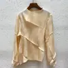 Primavera y Verano Nuevo Diseño con Sentido Nicho Top Plisado de Manga Larga para Mujer Holgado Irregular Elegante Versátil Camiseta Miyake