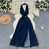 Vestido de Mezclilla con Tirantes Halter Fresco para Mujer en Verano, Sexy Escote en V Profundo, Espalda Descubierta, Abertura, Chic de Hermana Real y Hermosa Falda Larga