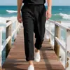 Pantalones de playa casuales para hombre de fábrica, listos para envío transfronterizo, color liso, lino, cómodos, transpirables, con cintura elástica de cordón suelta y perneras rectas