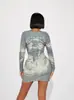 Exportação Transfronteiriça Roupas Femininas Moda Europeia e Americana Estiloso Estampa de Retrato Slim Fit Cintura Baixa Vestido Longo de Manga Longa Justo