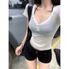 Foto real precio real verano puro sexy viento de chica caliente camisa de manga corta con cuello de perspectiva delgada para mujer top corto ajustado