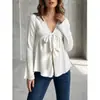 2026 Principios de Otoño Amazon Transfronterizo Europeo y Americano Nuevo Moda Femenina Top de Manga de Campana Texturizado con Moño y Cuello en V