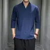 Camiseta de Manga Corta de Algodón y Lino para Hombre Estilo Chino 2025 Casual Retro Japonés Talla Grande Camiseta de Lino Color Sólido Hombre