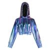 Suéter con bronzing láser de colores ropa de cosplay cuero brillante sexy ombligo con capucha manga larga jersey para la cabeza ropa de actuación cosplay ropa de mujer