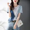 Camiseta Simples de Manga Curta para Mulheres, Moda Verão 2026 Nova Versátil Color-Blocking Emagrecedor Top Estilo Europeu Tendência