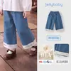 Calça Jeans Feminina Jellybaby Estilo Francês Outono Calça de Pernas Largas com Renda para Bebê de 5 Anos Roupa de Outono Calça Infantil