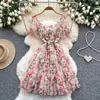 Vestido Floral Cuadrado de Manga Abullonada Estilo Dopamina para Mujer, Verano Malla con Volantes Dulce Vestido de Malla