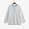 Top de Punto Rayado con Cuello Henry Colección Otoño 2026 Tallas Grandes Casual Relajado Camisa Básica Media Botonadura 25216