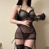 Saia Curta Sexy Preta de Renda com Brilho Ultra-fina Justa com Cordão Camisola Feminina Camisola Feminina 225