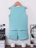 Fornecido Diretamente pelo Fabricante, Roupa Infantil Azul Claro Transfronteiriça, Conjunto de Duas Peças com Camiseta de Manga Curta e Shorts, Camisa com Capuz, Pedido Pequeno