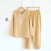 2024 crepé ropa de casa gasa primavera y verano pijama fino talla extra absorbente de sudor transpirable cuello de muñeca color caramelo conjunto largo