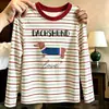 Camiseta de manga larga a rayas de algodón puro para niña, nueva camiseta versátil informal de bloques de color para primavera y otoño de 2026, camiseta básica para niños