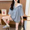 Camisa de Chifón con Retazos a Rayas Off-Shoulder Falsa de Dos Piezas, Fresca y Sencilla para Mujer, Nuevo Top de Verano de Talla Grande Holgado con Cuello Polo