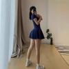 Verão Novo Estilo Puro Desejo Decote Quadrado Manga Curta Elegante Vestido Cor Pura Justo Elástico Sexy Linha A Saia Curta