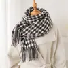 Lenço de Pescoço Longo Quente de Outono e Inverno com Estampa Pied-de-poule para Mulheres Versátil para o Dia a Dia Lenço de Faux Cashmere com Franjas