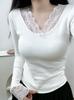 Camiseta de manga larga de encaje con cuello en V, estilo suave, para llevar debajo, para mujer, Otoño e Invierno 2025, cálida, cepillada, ajustada, top exterior