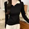 Precio Real # Camiseta de Manga Larga Gris Floral de Dos Piezas Falsas con Cuello Polo para Mujer, Prenda Base de Primavera.