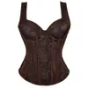 Corset jacquard estampado marrom vintage com alça larga nos ombros, peça externa modeladora sexy europeia e americana para afinar a cintura