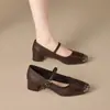 Zapatos Mary Jane vintage estilo francés para mujer, tacón grueso, punta cuadrada, corte bajo, charol, brillantes, correa única, versátiles para ir al trabajo