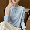 Blusa de tricô feminina de algodão puro, gola semi-alta, manga longa, macia e amigável à pele, corte justo, peça básica para primavera e outono