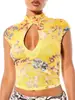 Camiseta Retro de Malla Hueca con Estampado Floral Estilo Chino Y2K para Mujer, Ajustada y Sexy, con Cuello Alto y Mangas Cortas, Nueva Colección Primavera/Verano