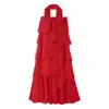 Vestido Feminino Verão 2026 Nova Moda Estilo Europeu e Americano Lenço de Três Cores Fita Camadas Babados