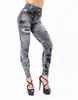 Leggings Jeans Falsos Sem Costura Estilo Europeu e Americano para Mulheres, Calças de Yoga Jacquard de Cintura Alta Nove Pontos para Mulheres