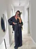 Traje Casual de Moda Femenina Transfronteriza 2025 Top Holgado de Manga Larga con Cuello en V y un Botón Pantalones de Cintura Alta Conjunto de Dos Piezas
