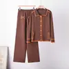Conjunto de punto de otoño para mujer estilo europeo transfronterizo, suéter con cuello Polo y pantalón de pierna ancha conjunto de dos piezas en algodón mercerizado