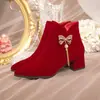 2025 Novos Sapatos de Casamento com Laço de Strass e Contas Estilo Coreano Franja Salto Grosso Botas de Noiva Confortáveis Botas da Moda Vinho