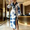 Vestido Novo Temu Amazon Transfronteiriço com Toque de Luxo, Decote V, Emagrecedor, Estampa Elegante, Fenda, Vestido de Verão Sexy para Mulheres