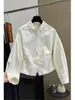 Elegante blusa de mujer con cuello de encaje, fruncido en la cintura y manga larga plisada, cárdigan liso de cuello vuelto, novedad principios de primavera 2026