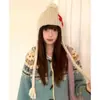 Chapéu de Tricô Floral Estilo Coreano para Mulheres, Chapéu Lei Feng de Lã com Pompom para o Inverno, Circunferência da Cabeça Grande, Chapéu de Lã à Prova de Frio e Quente