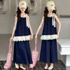 Conjunto Jeans com Barra de Renda para Meninas, Novo Estilo de Verão, Vestido Colete Médio e Grande para Crianças, Saia, Conjunto Casual Elegante de Duas Peças