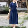 Foto Oficial En Stock Lavable Jacquard de Algodón#Corte que Abraza la Cintura Bordado Cordón Adelgazante Vestido de Longitud Media Manga Corta