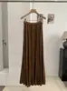 KEKEZOON Estilo Elegante Saia Plissada com Caimento Feminina Cintura Alta Plissada Barra Larga Emagrecimento Cor Sólida Saia Longa 9074