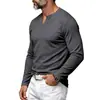 Camiseta base de punto acanalado elástico resistente para hombre, manga larga, cuello en V Henley, retro, simple, tipo chico duro, transfronteriza europea y americana, otoño e invierno