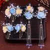 Tocado Hanfu con flor de seda azul y borla con clip, novedad de 2024, traje de bosque de hadas súper, accesorios para peineta de cabello para mujer