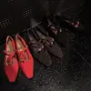 Sapatos Mary Jane em Pele de Ovelha com T para Mulheres, Novo Estilo Outono, Sapatos Rasos de Couro Genuíno com Bico Quadrado e Salto Baixo com Franjas