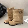 Nuevas botas cortas plisadas de moda europea y americana 2026, botas de primavera de tacón grueso ajustadas para mujer con hebilla de cinturón, botas cortas de moda