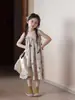 Conjunto para Menina 2026 Primavera/Verão Novo Bebê Menina Azul Fresco Laço Vestido Colete Conjunto de Duas Peças com Calça Xadrez