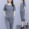 Traje de Verano Talla Grande Moda Casual Elegante Moderno Adelgazante de Gama Alta Camiseta de Manga Corta Pantalones Capri Conjunto de Dos Piezas Ropa para Mujer