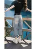 Jeans estilo dad rasgados desgastados estilo americano para mujer, modelo delgado de verano, nuevo estilo 2026, pantalones rectos cropped de cintura alta para personas petite