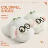 Lindas pantuflas de algodón esponjoso estilo caricatura para mujer, de invierno, punta cerrada, antideslizantes, cálidas, para uso en casa, suaves y adorables, con diseño de gafas y ovejita