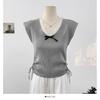 Suéter de Renda Spliced Laço Manga Curta Verão Novo Cordão Ajustável Slim Fit Top Curto