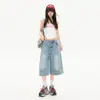 Calça Jeans Wide-Leg Americana de Verão com Caimento para Pessoas Baixas Solta Sete Pontos Calça Sete Pontos Azul Claro Tingida com Padrão Yi Chun