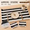 Mantel de Algodón y Lino Rayado Retro Blanco y Negro, Mantel Tejido a Mano Estilo Borla Aislante de Calor, Mantel para Taza Anti-quemaduras y Anti-manchas Estilo Japonés